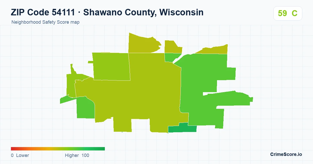 ZIP Code 54111 in Shawano County, Wisconsin neighborhood Safety Score map