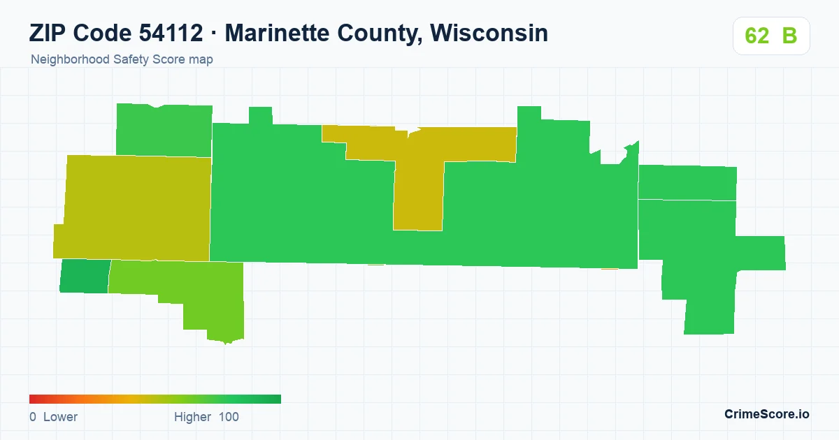 ZIP Code 54112 in Marinette County, Wisconsin neighborhood Safety Score map