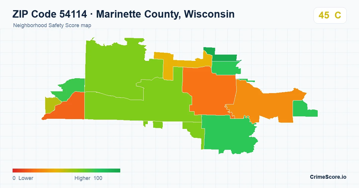 ZIP Code 54114 in Marinette County, Wisconsin neighborhood Safety Score map