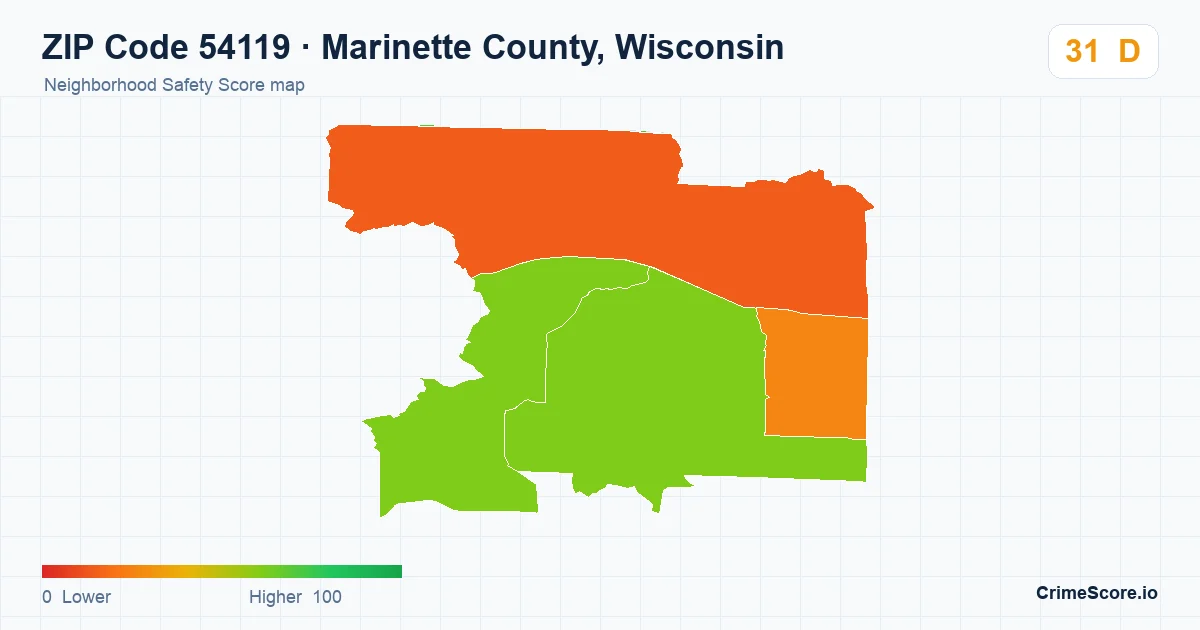 ZIP Code 54119 in Marinette County, Wisconsin neighborhood Safety Score map