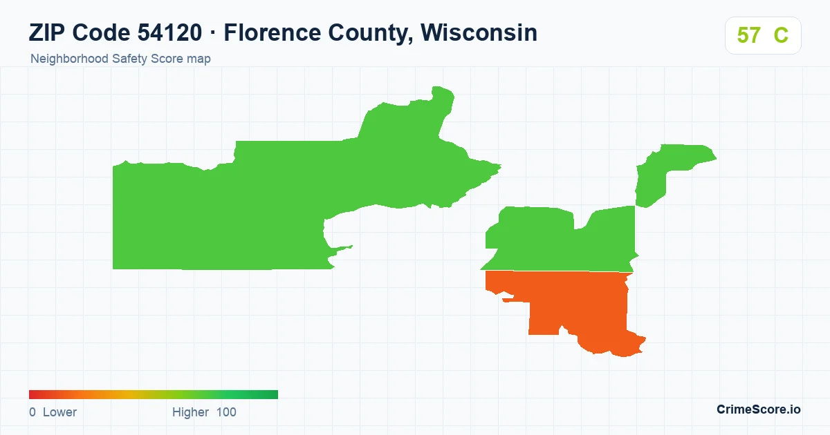 ZIP Code 54120 in Florence County, Wisconsin neighborhood Safety Score map