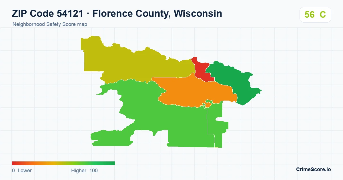 ZIP Code 54121 in Florence County, Wisconsin neighborhood Safety Score map