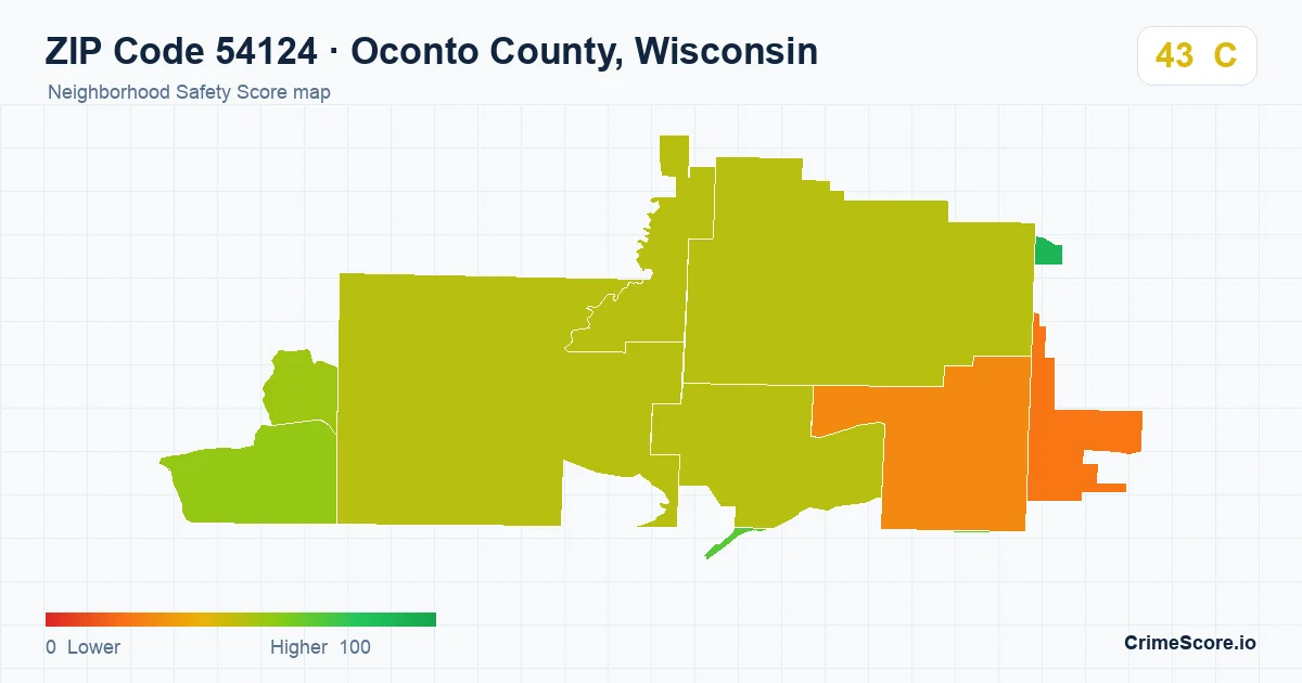 ZIP Code 54124 in Oconto County, Wisconsin neighborhood Safety Score map