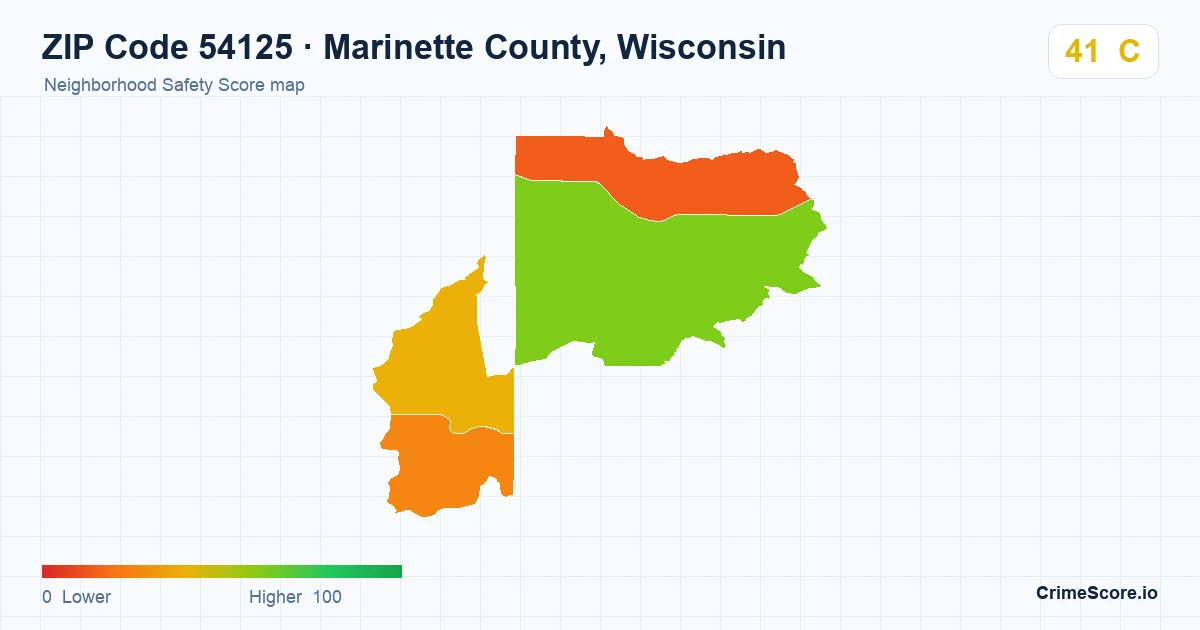 ZIP Code 54125 in Marinette County, Wisconsin neighborhood Safety Score map
