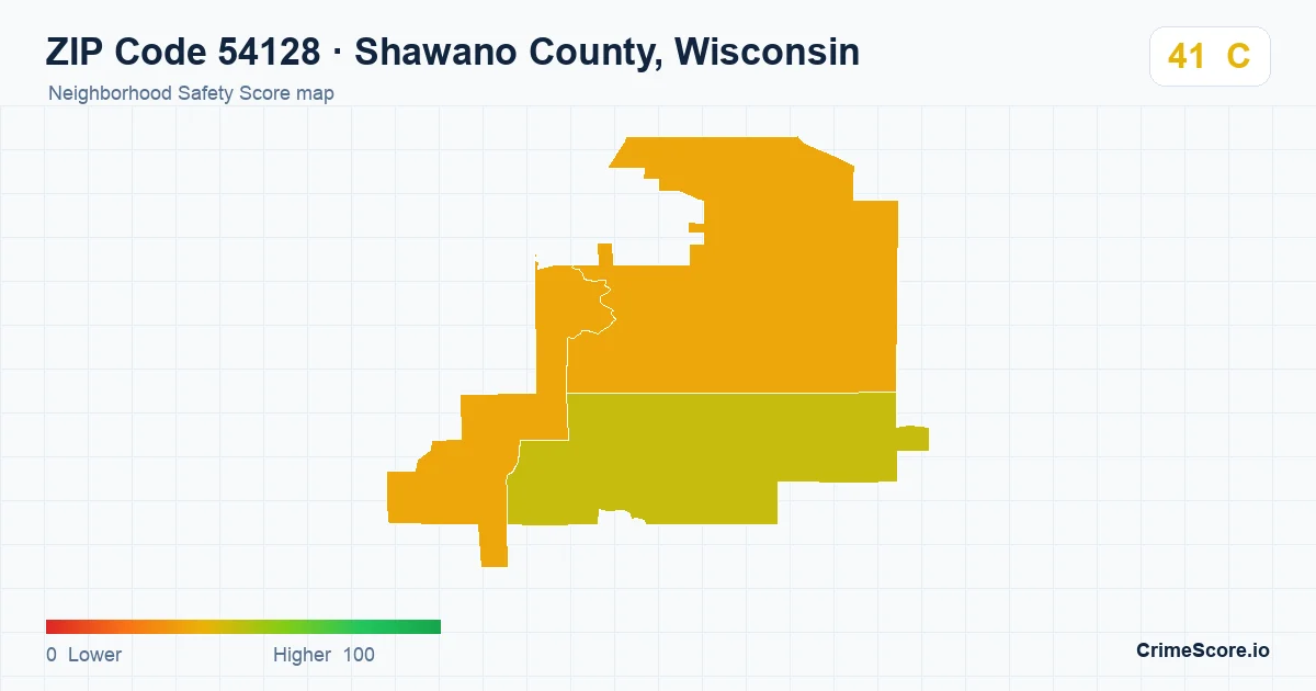 ZIP Code 54128 in Shawano County, Wisconsin neighborhood Safety Score map