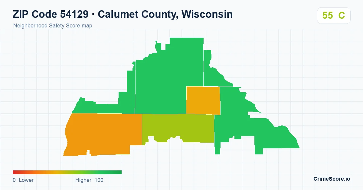 ZIP Code 54129 in Calumet County, Wisconsin neighborhood Safety Score map