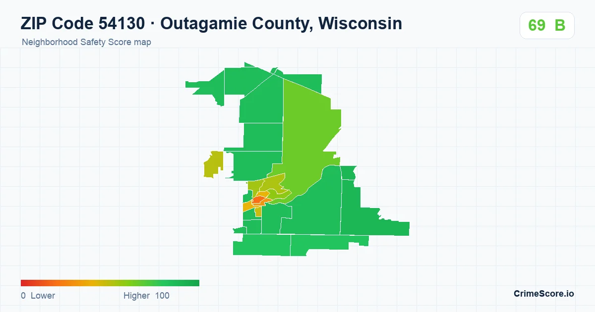 ZIP Code 54130 in Outagamie County, Wisconsin neighborhood Safety Score map