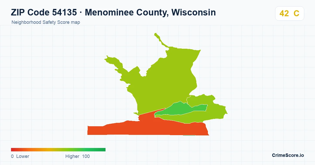 ZIP Code 54135 in Menominee County, Wisconsin neighborhood Safety Score map