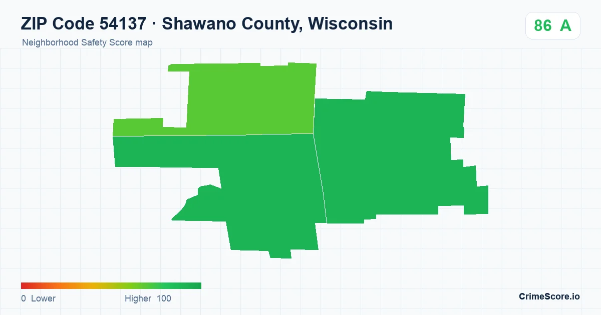 ZIP Code 54137 in Shawano County, Wisconsin neighborhood Safety Score map