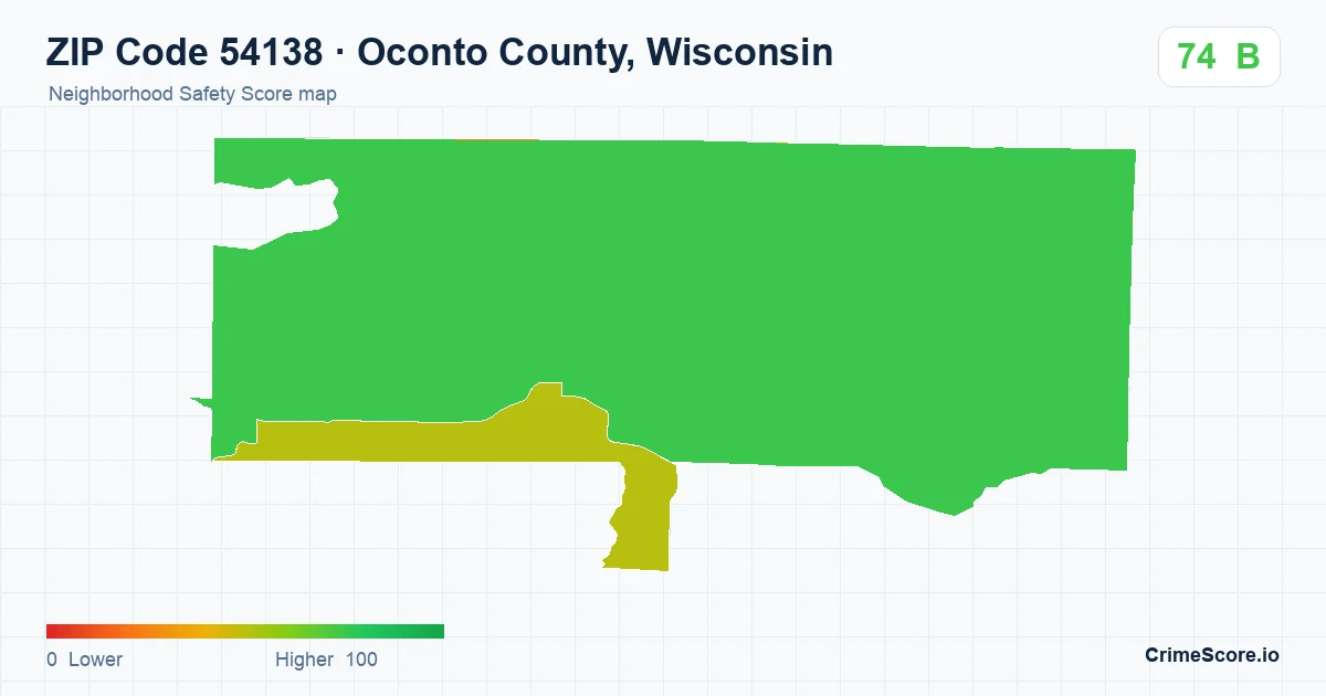 ZIP Code 54138 in Oconto County, Wisconsin neighborhood Safety Score map