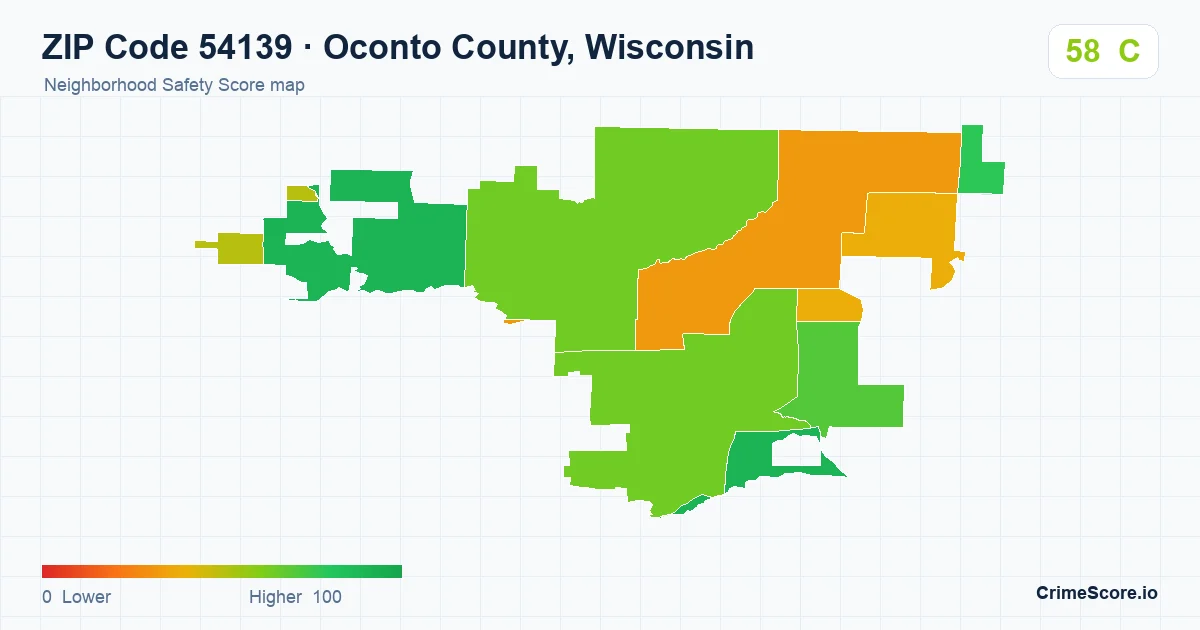 ZIP Code 54139 in Oconto County, Wisconsin neighborhood Safety Score map