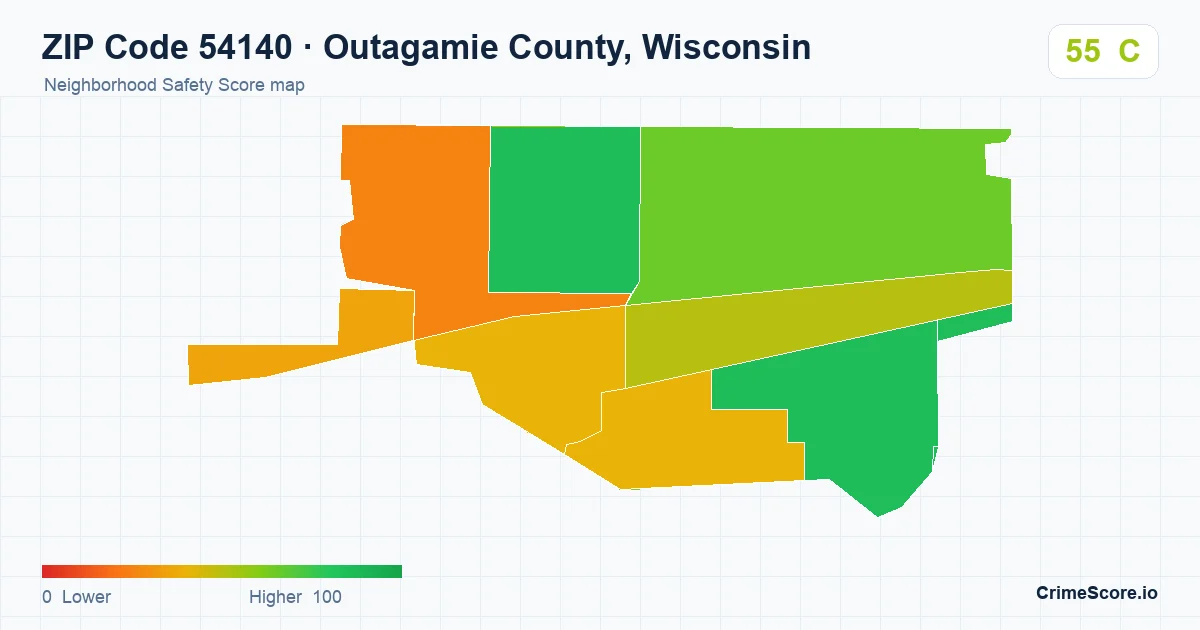 ZIP Code 54140 in Outagamie County, Wisconsin neighborhood Safety Score map
