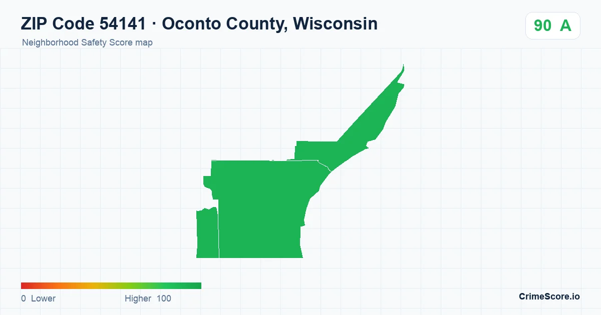 ZIP Code 54141 in Oconto County, Wisconsin neighborhood Safety Score map