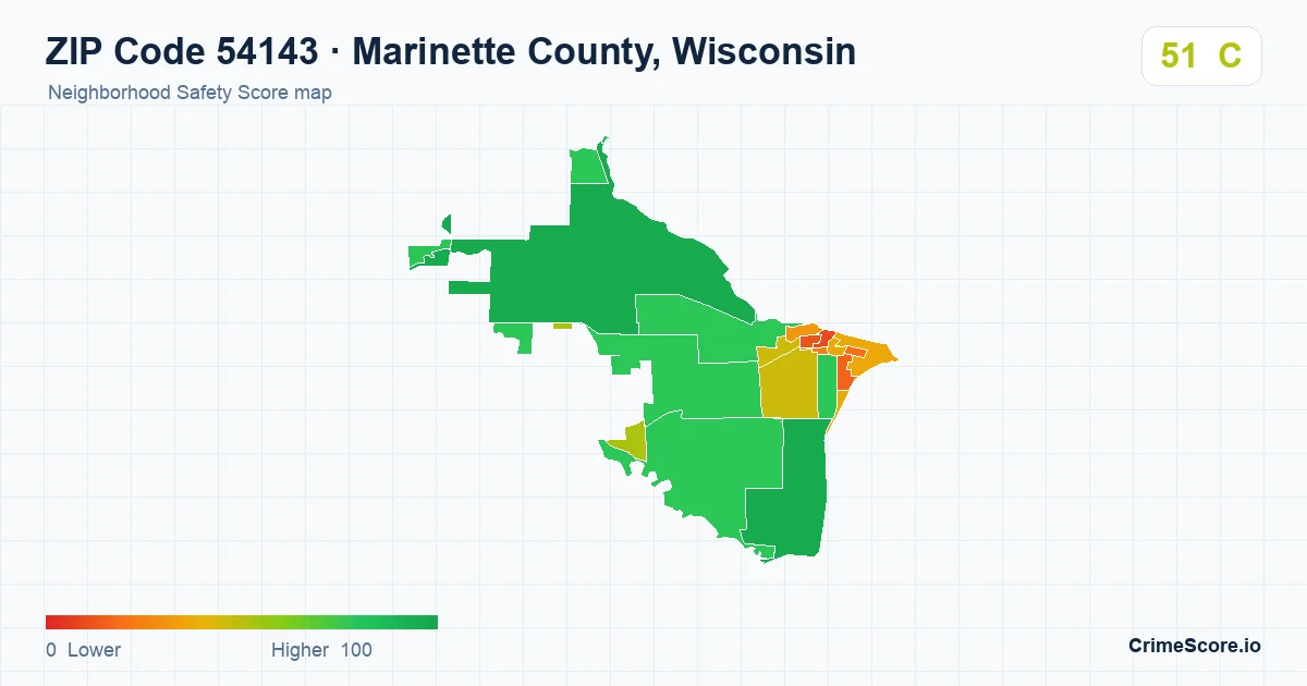 ZIP Code 54143 in Marinette County, Wisconsin neighborhood Safety Score map