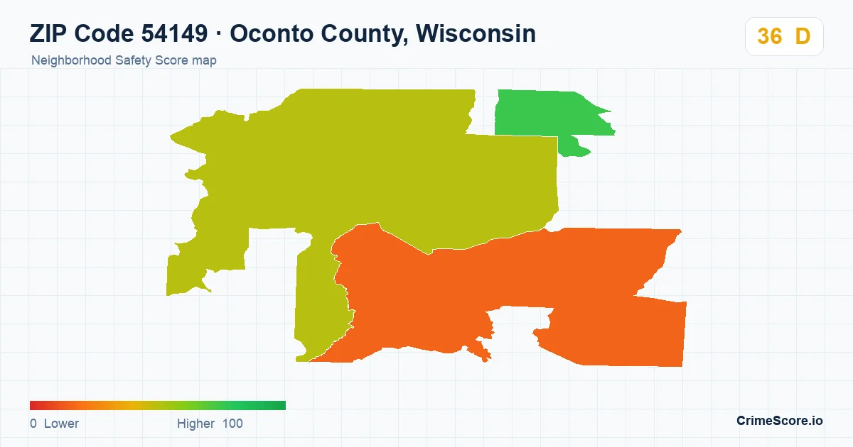 ZIP Code 54149 in Oconto County, Wisconsin neighborhood Safety Score map