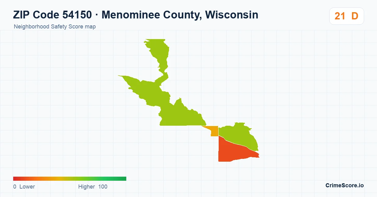 ZIP Code 54150 in Menominee County, Wisconsin neighborhood Safety Score map