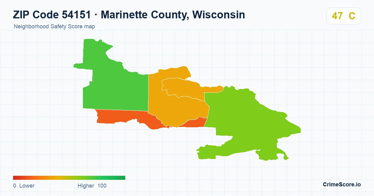 ZIP Code 54151 in Marinette County, Wisconsin neighborhood Safety Score map