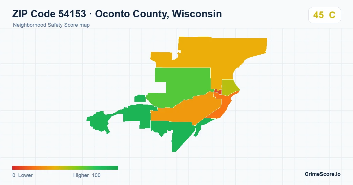 ZIP Code 54153 in Oconto County, Wisconsin neighborhood Safety Score map