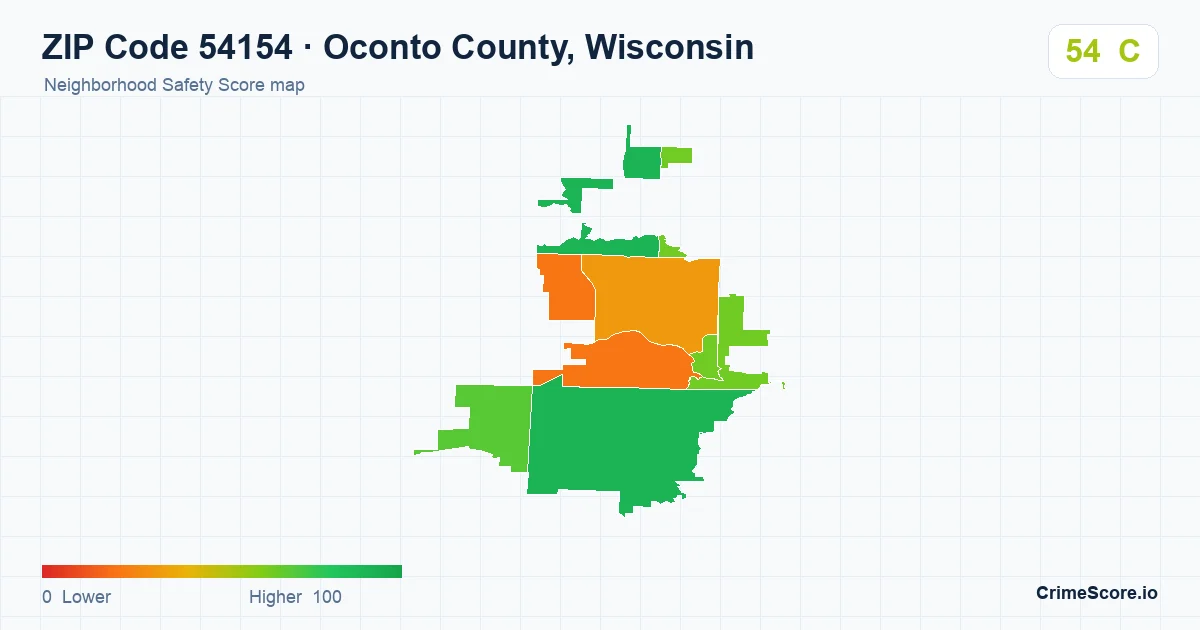 ZIP Code 54154 in Oconto County, Wisconsin neighborhood Safety Score map