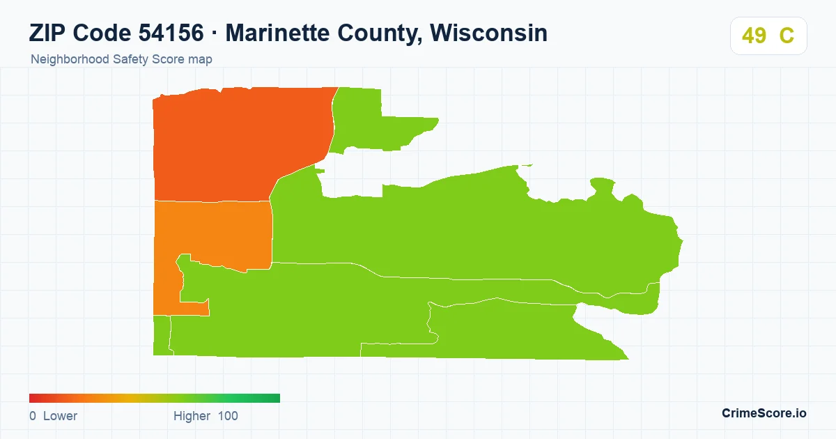 ZIP Code 54156 in Marinette County, Wisconsin neighborhood Safety Score map