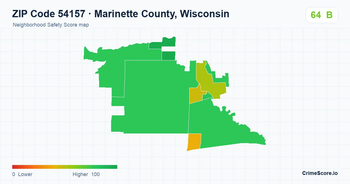 ZIP Code 54157 in Marinette County, Wisconsin neighborhood Safety Score map