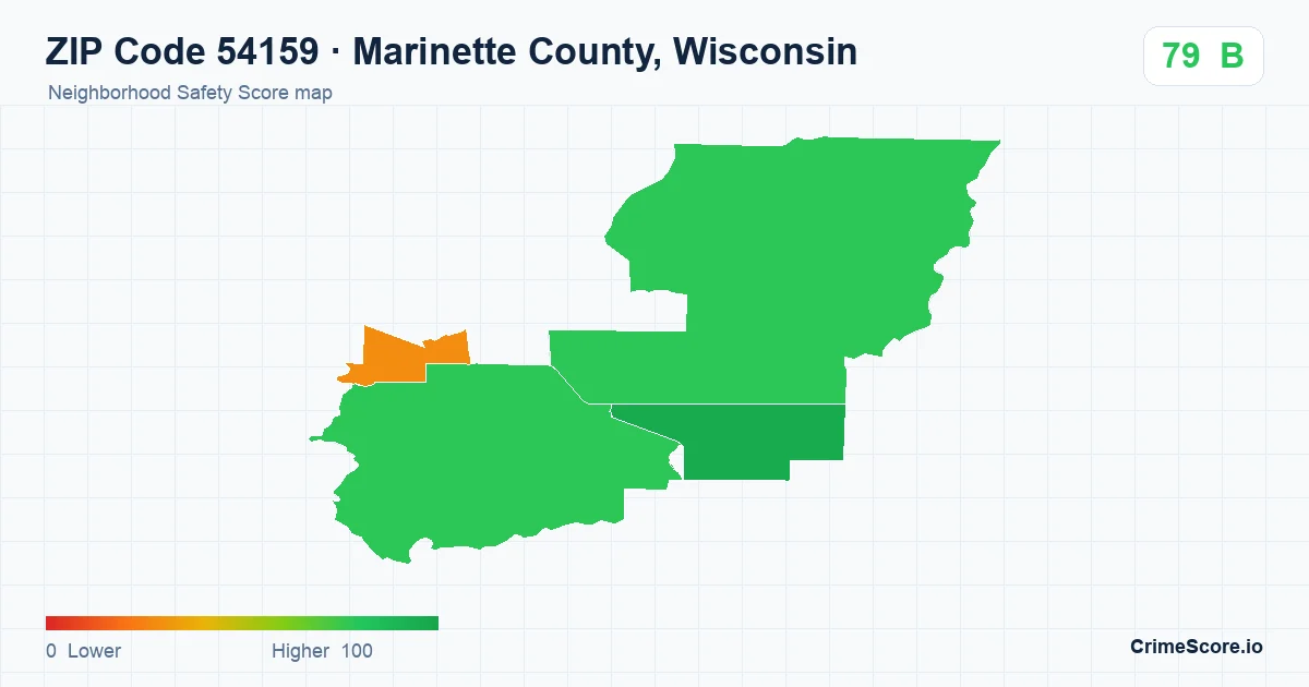ZIP Code 54159 in Marinette County, Wisconsin neighborhood Safety Score map