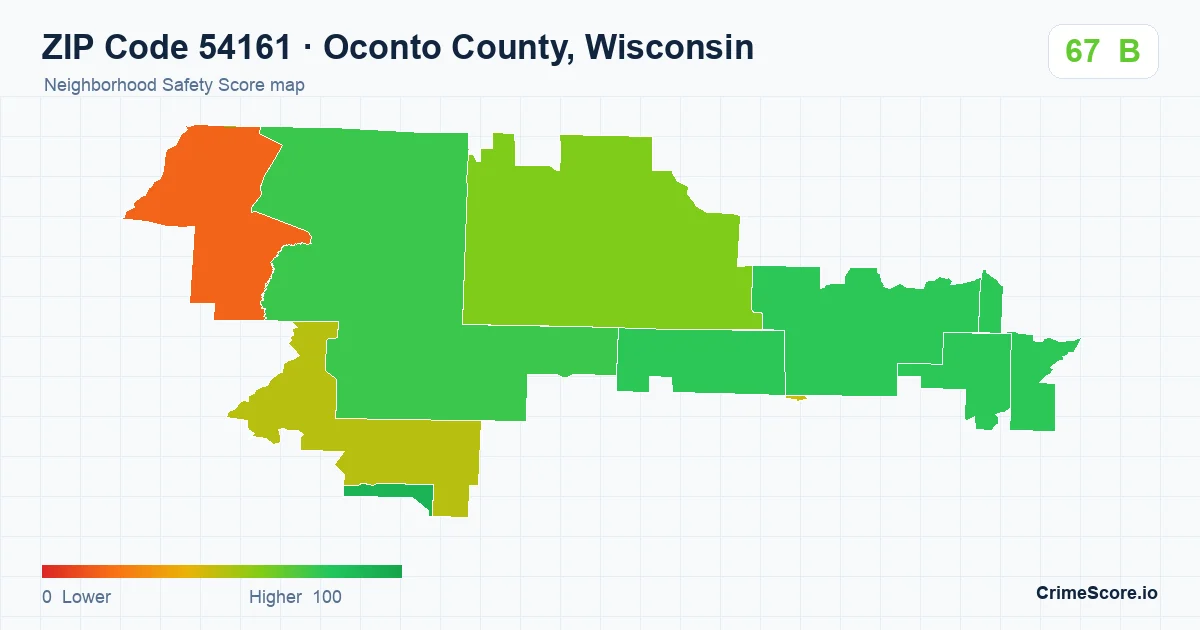 ZIP Code 54161 in Oconto County, Wisconsin neighborhood Safety Score map