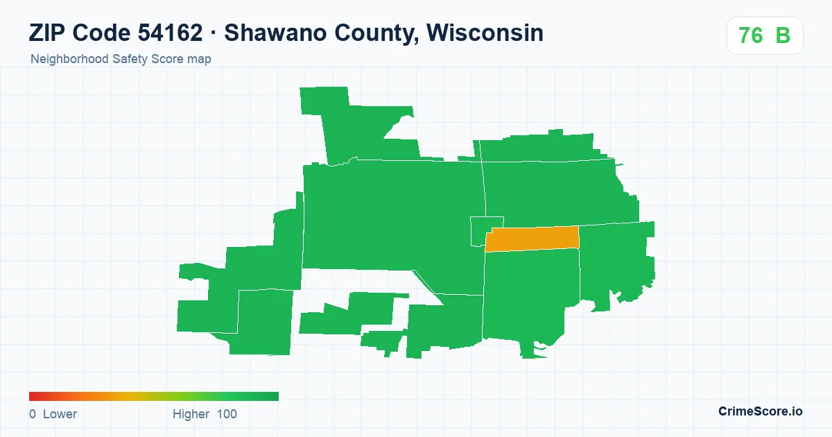 ZIP Code 54162 in Shawano County, Wisconsin neighborhood Safety Score map