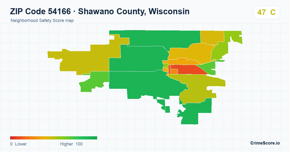 ZIP Code 54166 in Shawano County, Wisconsin neighborhood Safety Score map