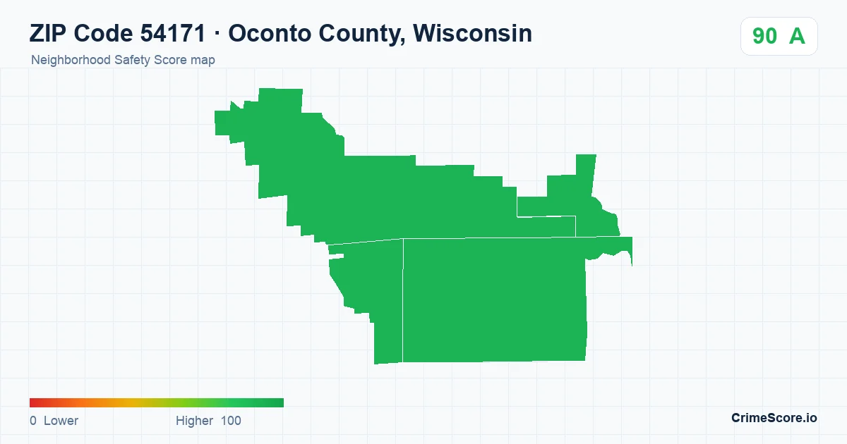 ZIP Code 54171 in Oconto County, Wisconsin neighborhood Safety Score map