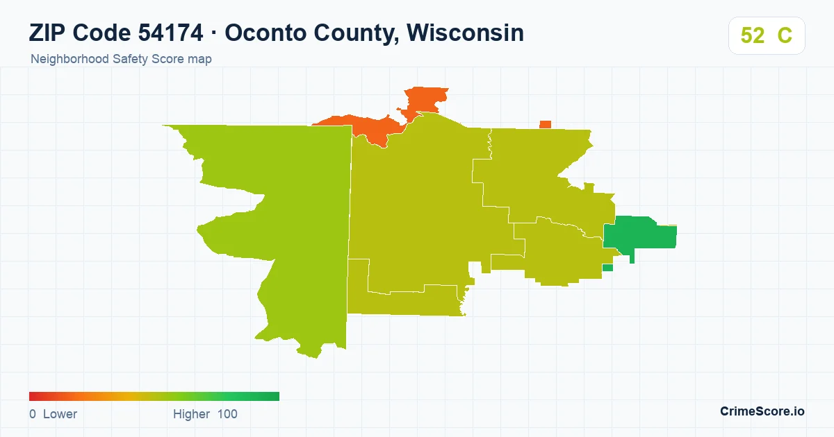 ZIP Code 54174 in Oconto County, Wisconsin neighborhood Safety Score map