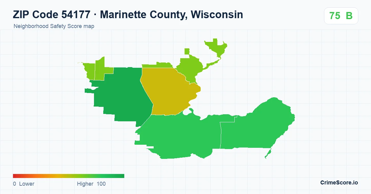 ZIP Code 54177 in Marinette County, Wisconsin neighborhood Safety Score map