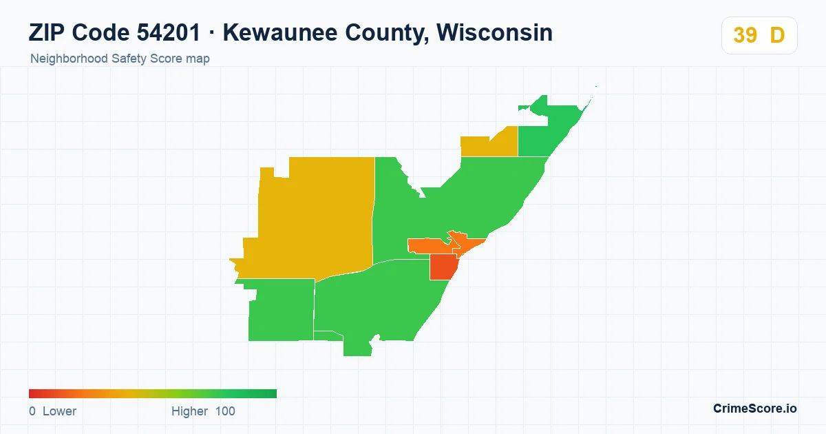 ZIP Code 54201 in Kewaunee County, Wisconsin neighborhood Safety Score map
