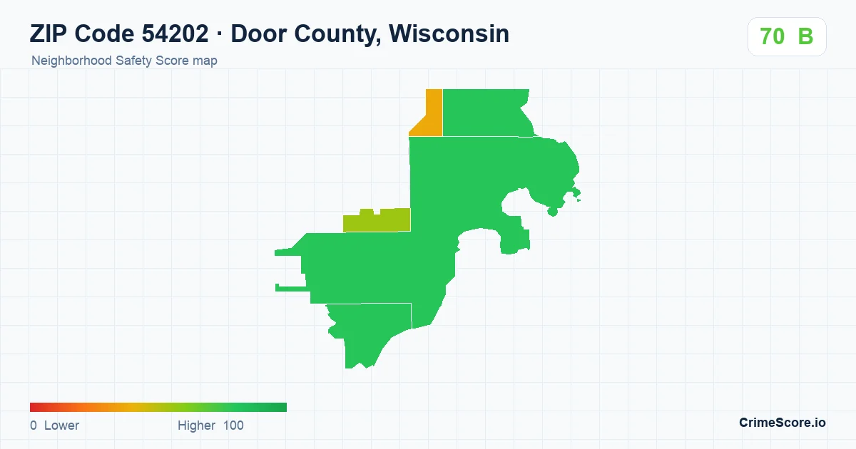 ZIP Code 54202 in Door County, Wisconsin neighborhood Safety Score map