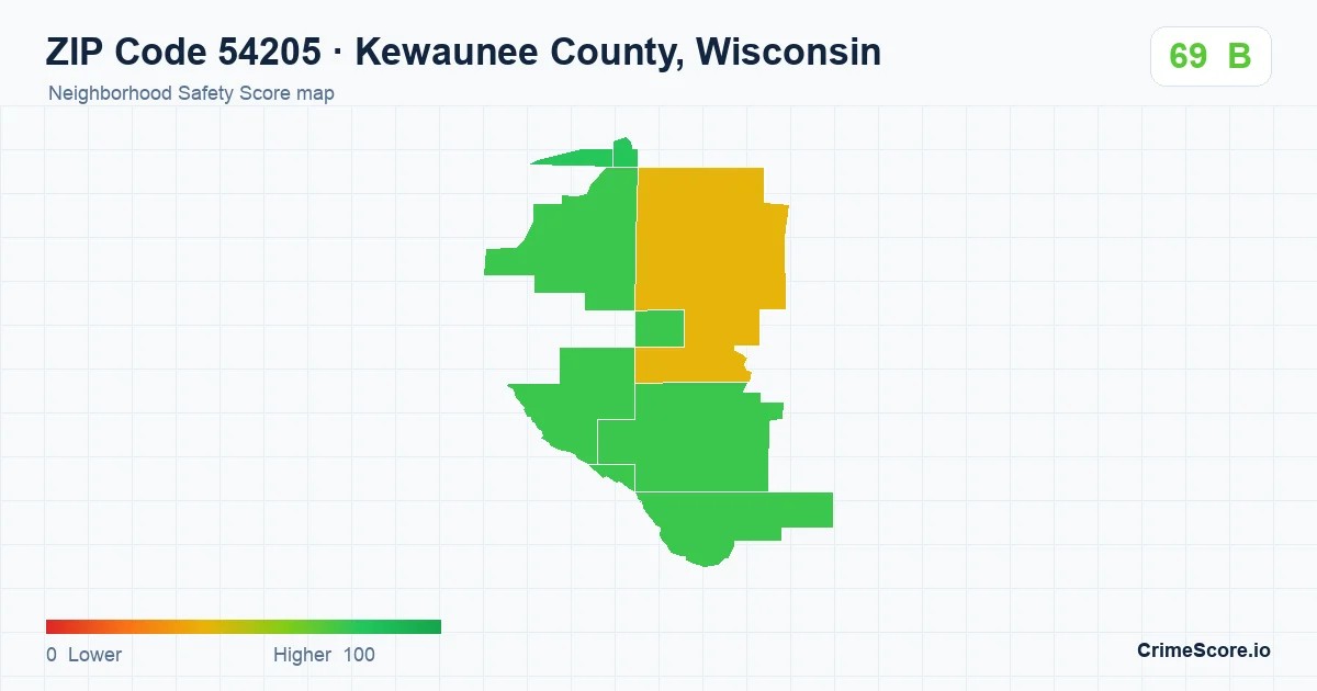 ZIP Code 54205 in Kewaunee County, Wisconsin neighborhood Safety Score map