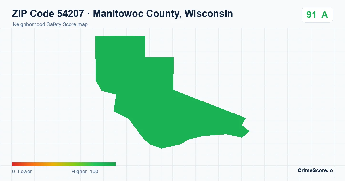 ZIP Code 54207 in Manitowoc County, Wisconsin neighborhood Safety Score map