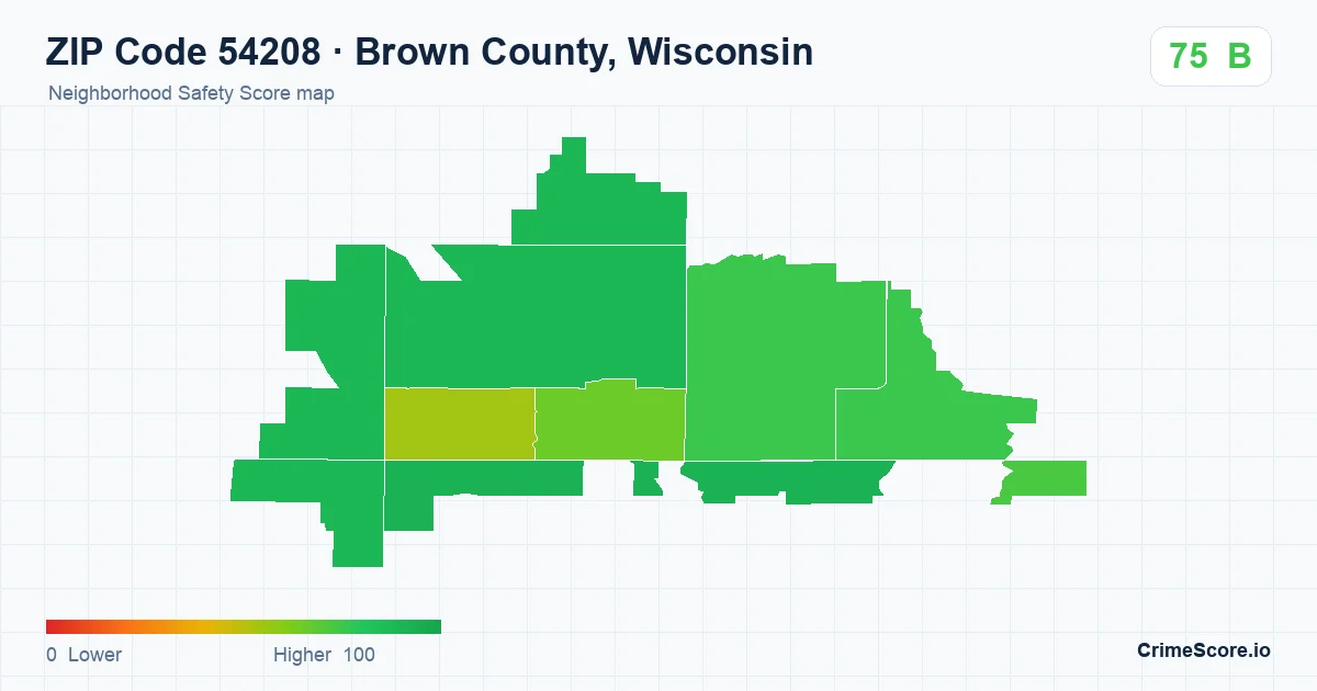 ZIP Code 54208 in Brown County, Wisconsin neighborhood Safety Score map
