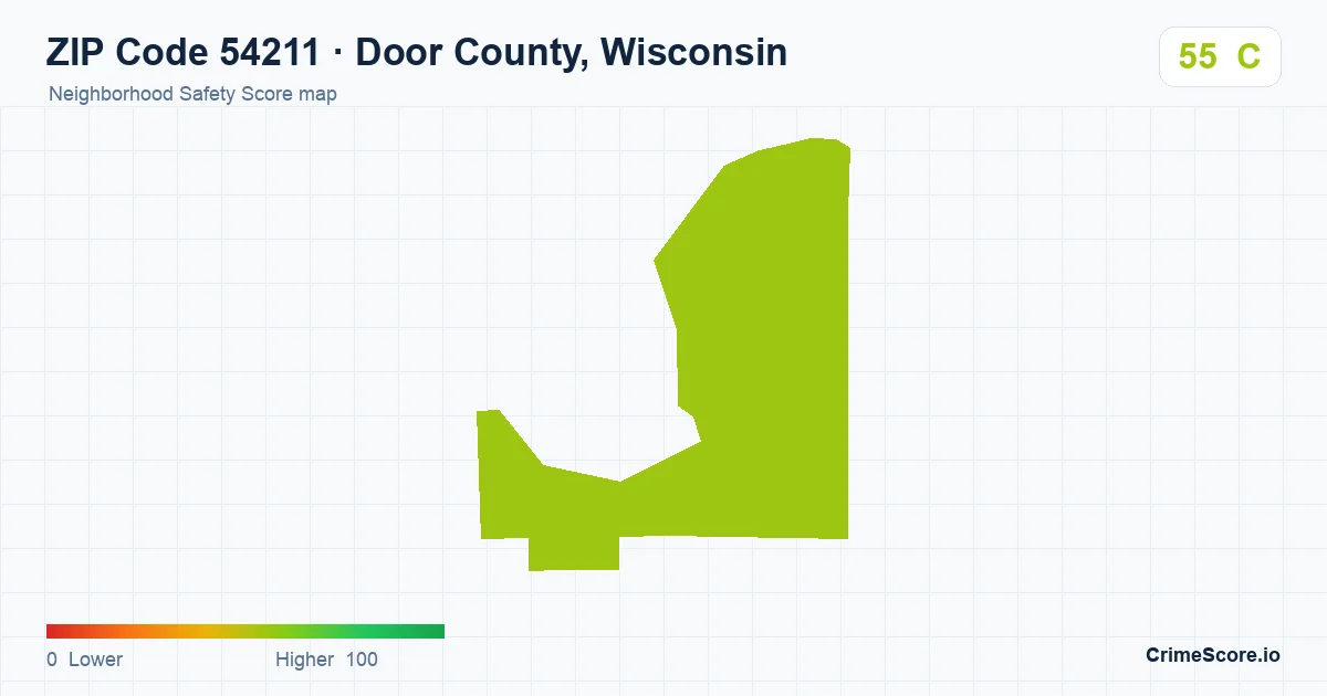 ZIP Code 54211 in Door County, Wisconsin neighborhood Safety Score map