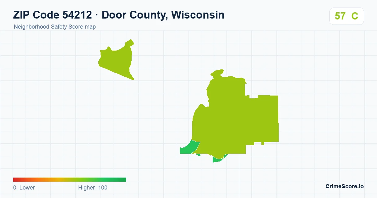 ZIP Code 54212 in Door County, Wisconsin neighborhood Safety Score map
