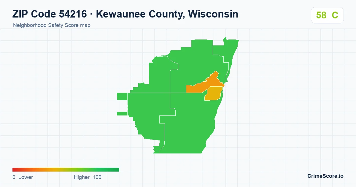 ZIP Code 54216 in Kewaunee County, Wisconsin neighborhood Safety Score map