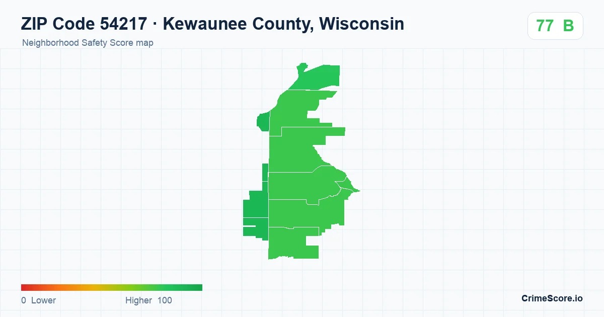 ZIP Code 54217 in Kewaunee County, Wisconsin neighborhood Safety Score map