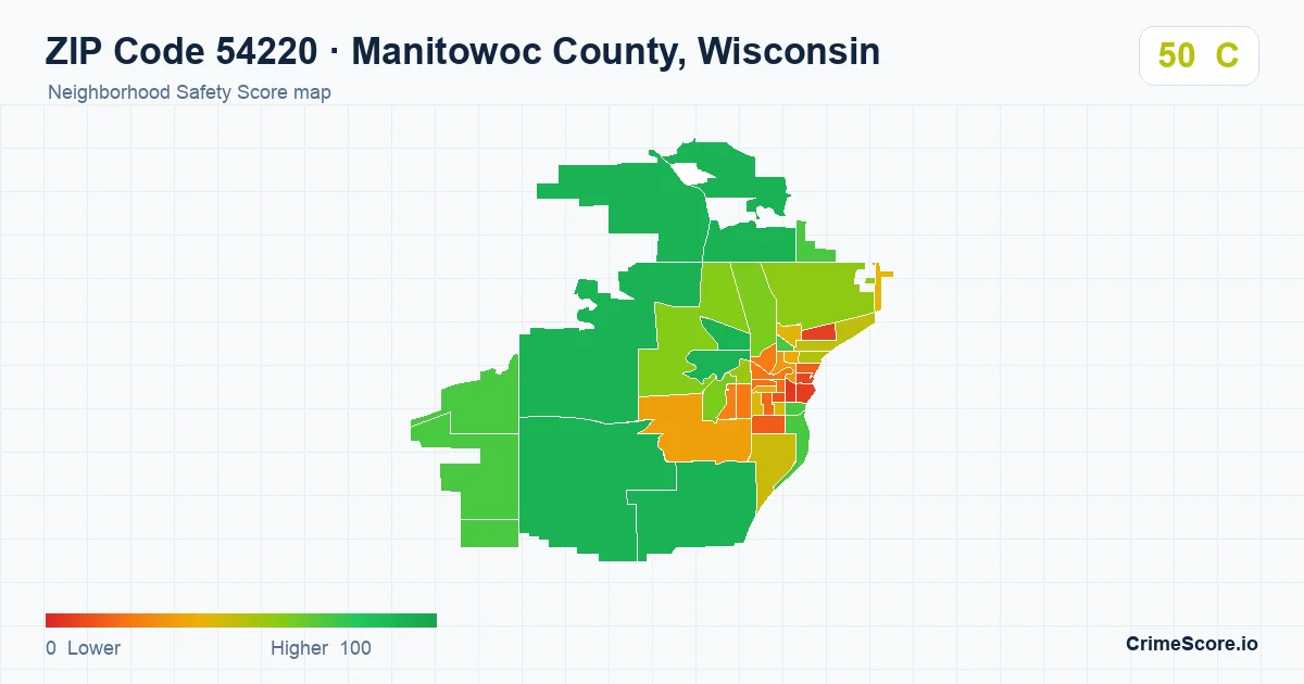 ZIP Code 54220 in Manitowoc County, Wisconsin neighborhood Safety Score map