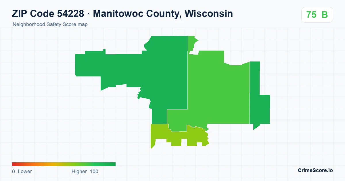 ZIP Code 54228 in Manitowoc County, Wisconsin neighborhood Safety Score map