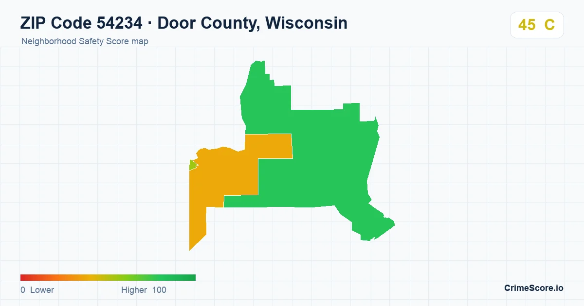 ZIP Code 54234 in Door County, Wisconsin neighborhood Safety Score map