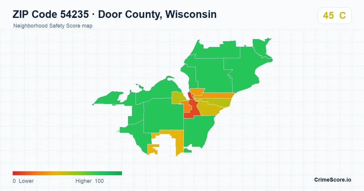 ZIP Code 54235 in Door County, Wisconsin neighborhood Safety Score map
