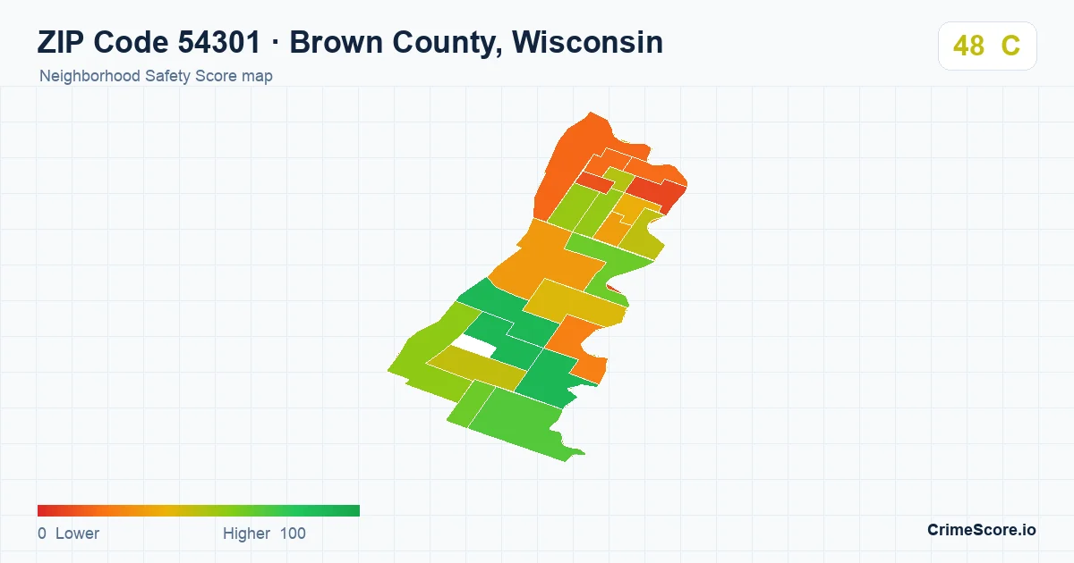 ZIP Code 54301 in Brown County, Wisconsin neighborhood Safety Score map