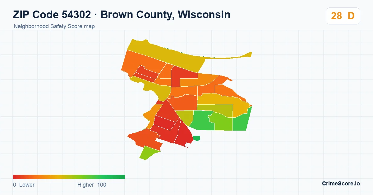 ZIP Code 54302 in Brown County, Wisconsin neighborhood Safety Score map