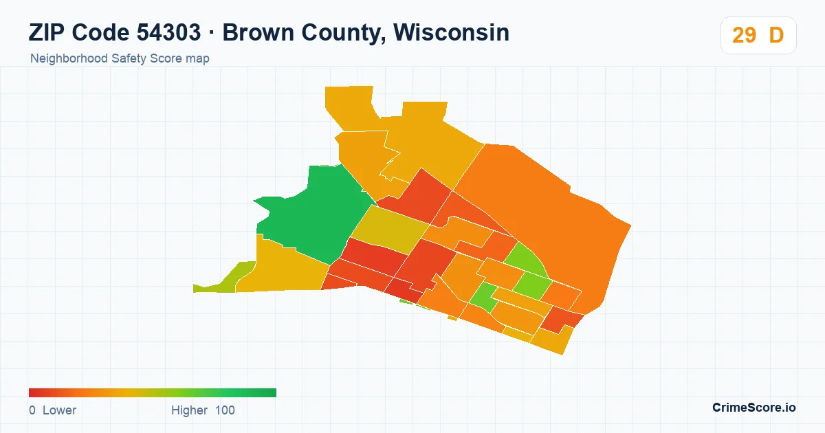 ZIP Code 54303 in Brown County, Wisconsin neighborhood Safety Score map