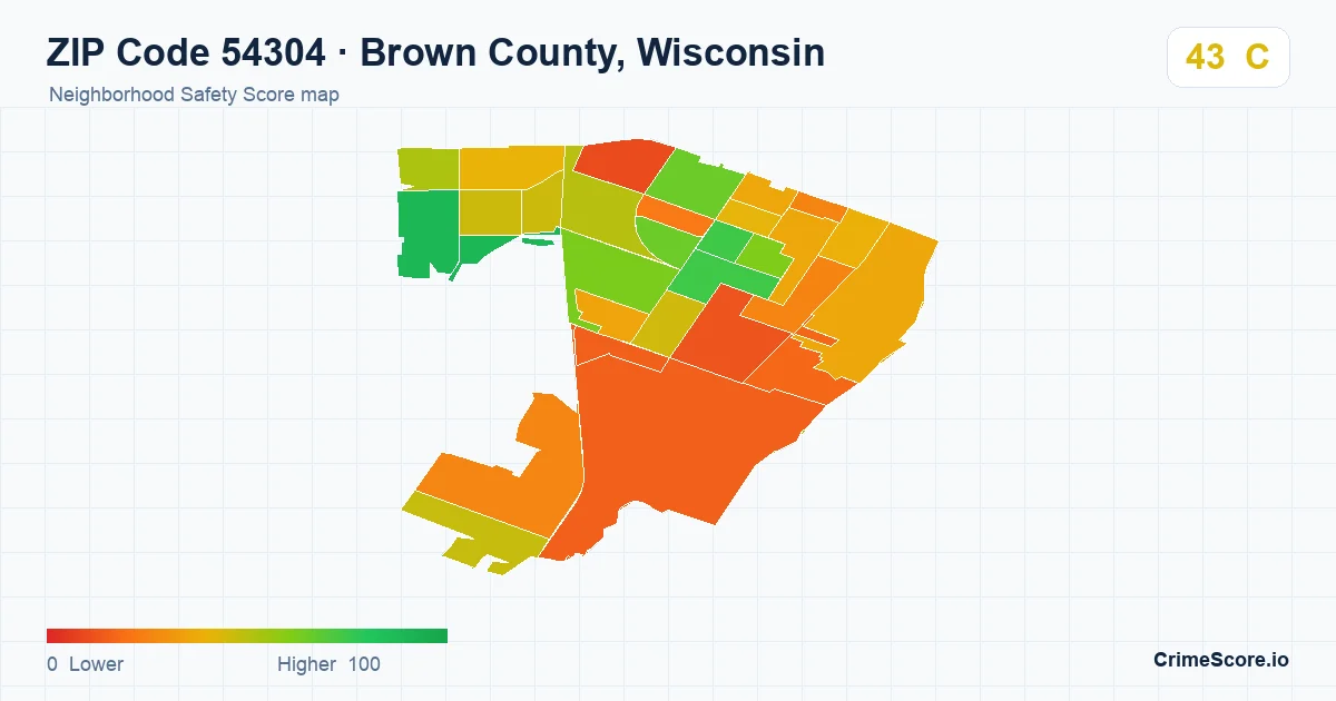 ZIP Code 54304 in Brown County, Wisconsin neighborhood Safety Score map