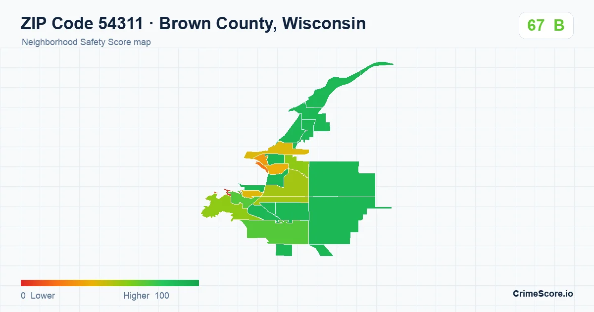 ZIP Code 54311 in Brown County, Wisconsin neighborhood Safety Score map